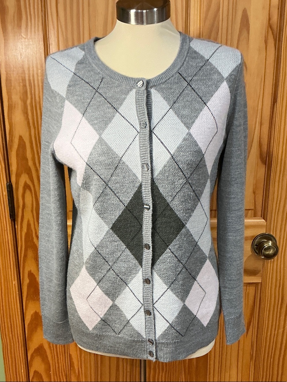 croft & barrow Grey Argyle Button-Front Cardigan with Pink Accents